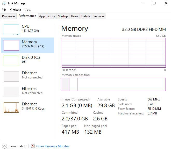 Window 10 Memory Usage